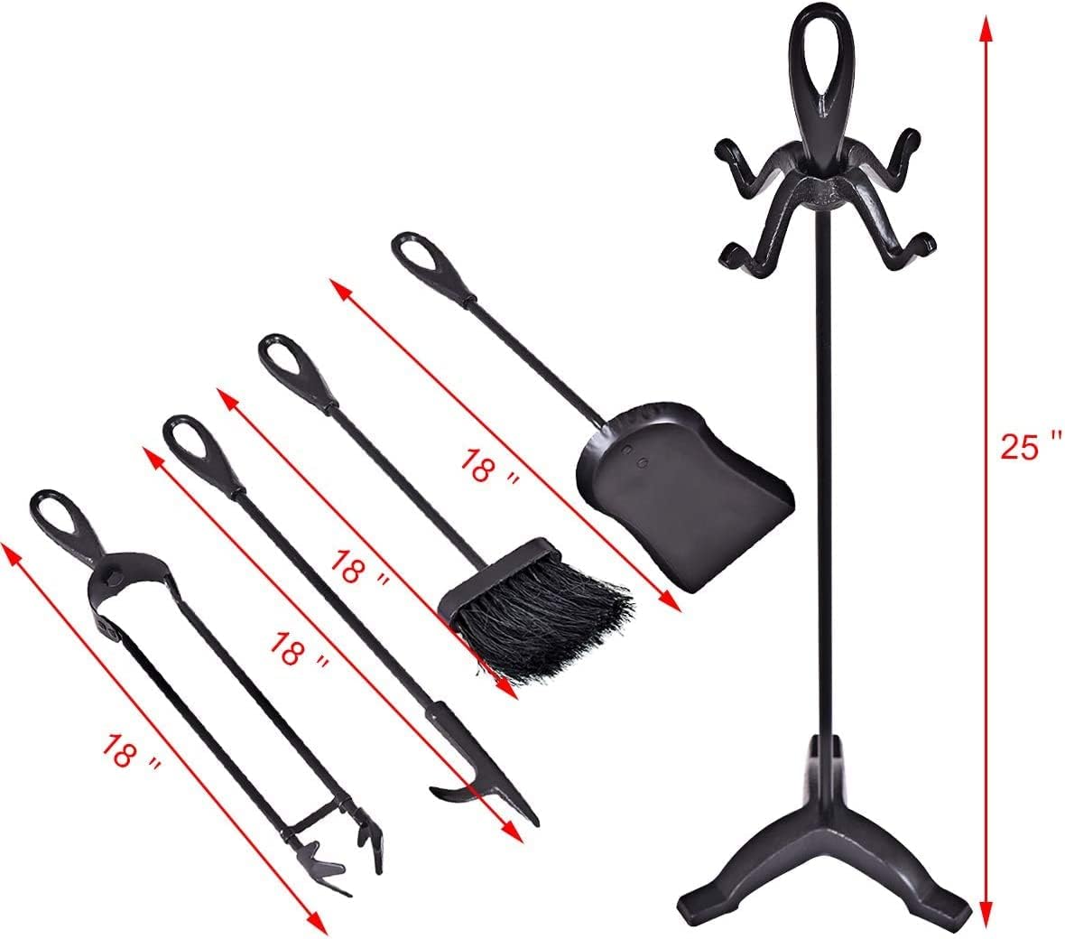 S AFSTAR 5-Piece Fireplace Tool Set, 25.5" Heavy Duty Wrought Iron Fire Place Toolset w/Base, Brush, Shovel, Tong and Fireplace Poker, Hearth Tool (Black)