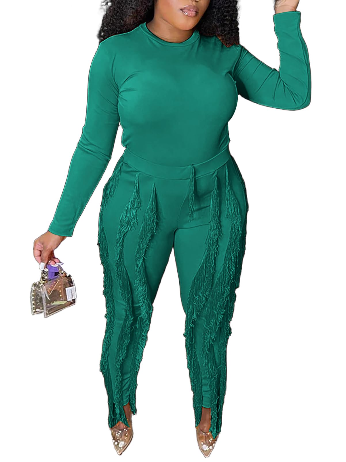 FamnbroWomen's Fringe Pants Set 2 Piece Outfits Bodycon Crop Top Drawstring Leggings Sweatsuit