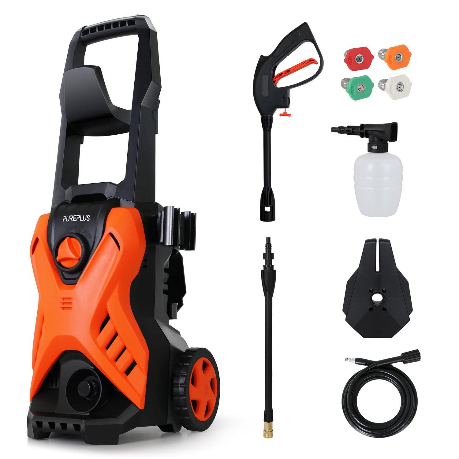 PUREPLUS Electric Pressure Washer, Max 3000 PSI 1.8 GPM Power Washer, with 4 Quick-connect Nozzles, Soap Cannon, 35 FT Power Cord, 20 FT Hose and Spray Gun for Cleaning Cars, Fences, Gardens, PW002