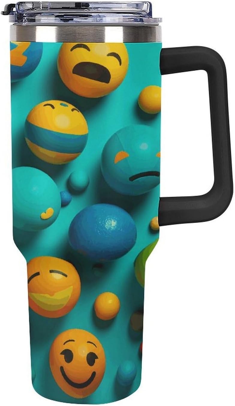 Smiley Face Travel Coffee Mug Reusable Durable Stainless Steel Insulated Tumbler with Handle And Straw Leak Resistant Portable Thermal Cup Gifts for Men Women 40 Oz