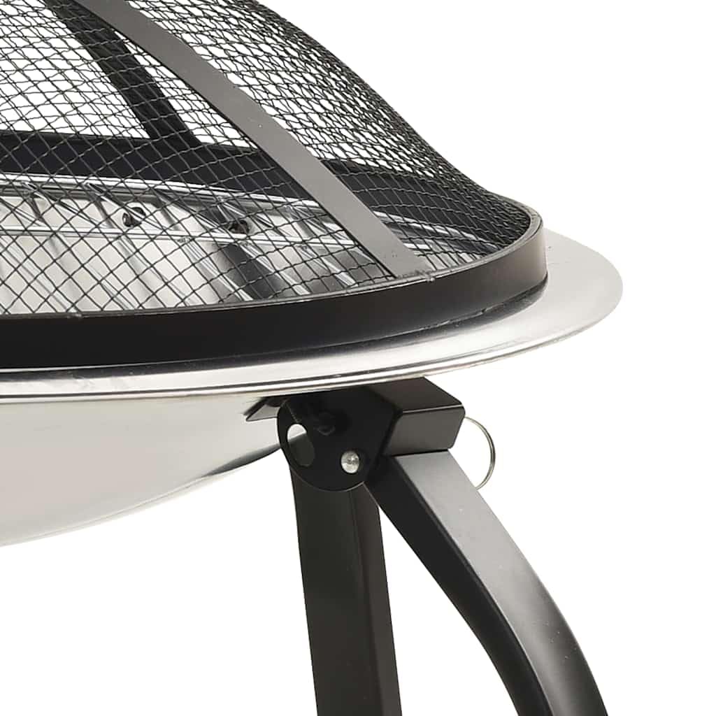 Brasero y parrilla 2 en 1 de acero inoxidable, 56 x 56 x 49 cm, con protección contra chispas, atizador, patas plegables para exteriores, terraza y jardín, calor y llama