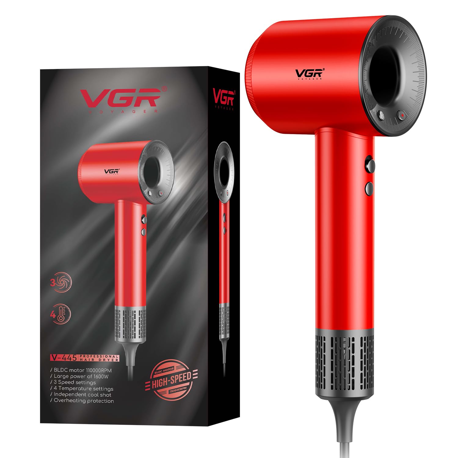 vgr v-445 professional hair dryer, high-speed 11000 rpm bldc motor with 3 speed & 4 temperature settings, independent cool shot, overheat protection, 1600w (red)