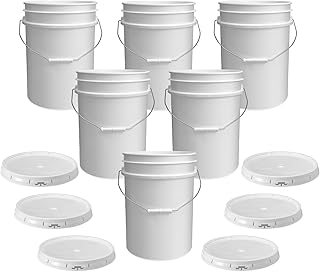 5-Gallon White Plastic Bucket with Lid - Durable 90 Mil All Purpose Pail - Food Grade - Contains No BPA Plastic - Recyclable - Made in USA - 6 Count