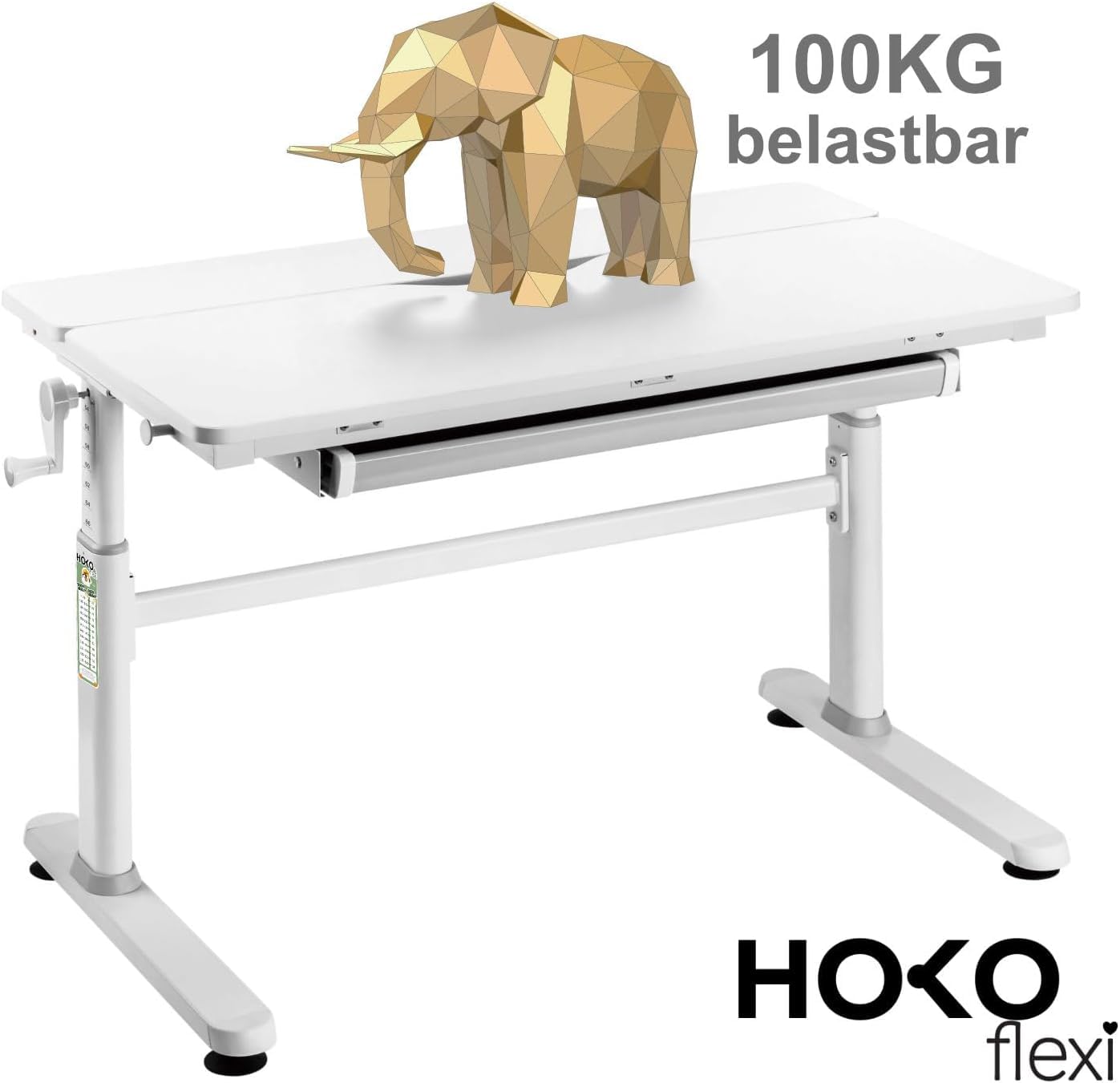 HOKO Kinderschreibtisch Höhenverstellbar 54-76cm Neigbare Schreibtischplatte mit Schubladen 100x60cm Arbeitsfläche – Für Kinder ab 6 Jahren (Weiß, JANA)