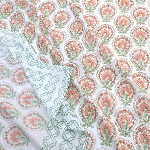 Image of TOAI Hand Block Printed Bedsheet | Bed Sheet Flatsheet | Pure Cotton | Double Bed Queen Size 90 inchx108 inch | 300 TC Bedsheets | Includes 2 Pillow Covers (Peach Green White)