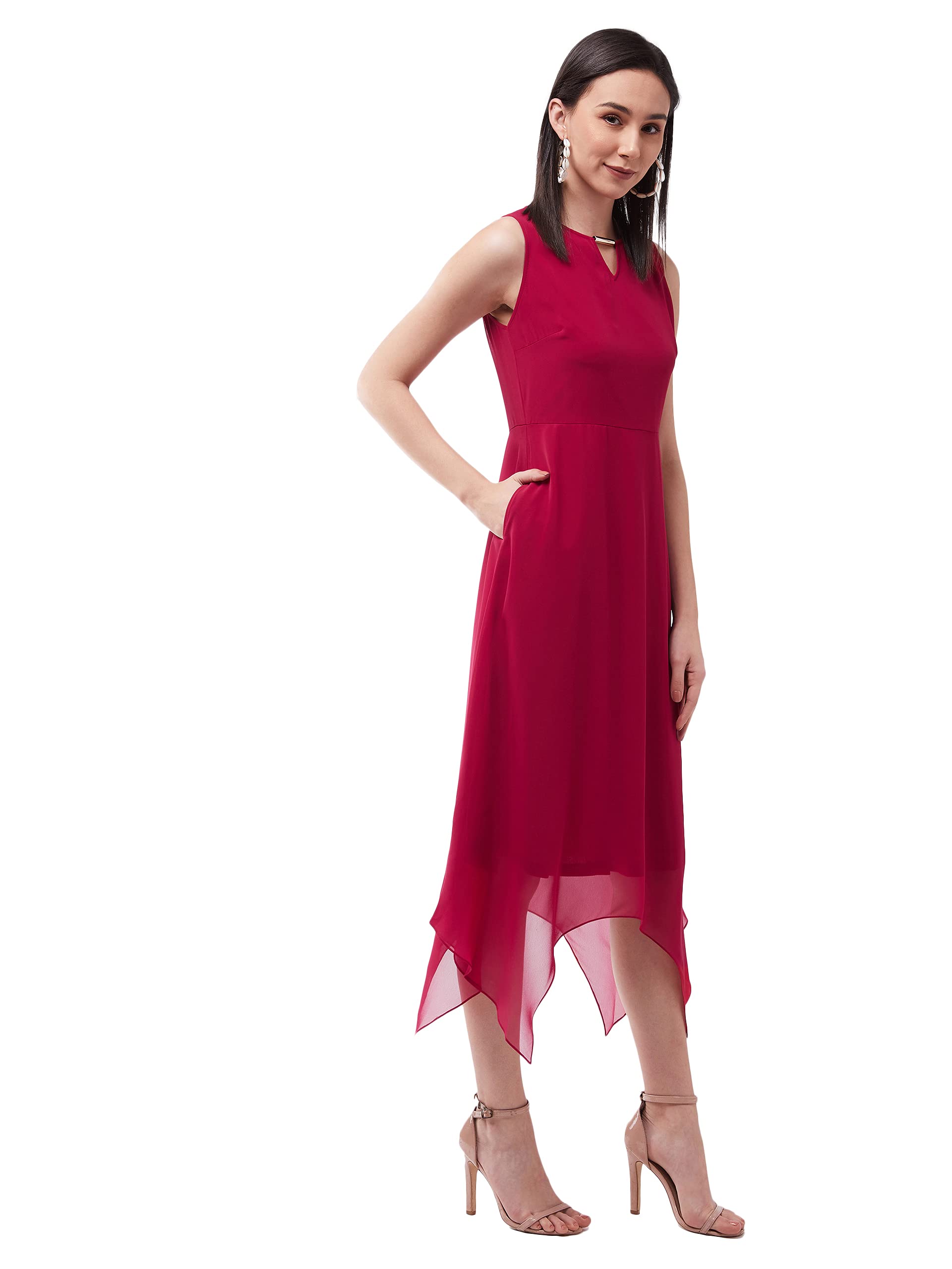 Miss Chase Women's Pink Solid Georgette Regular Fit Round Neck Sleeveless Crop Length Dress (Mcss21D14-66-23-03_Pink_S)