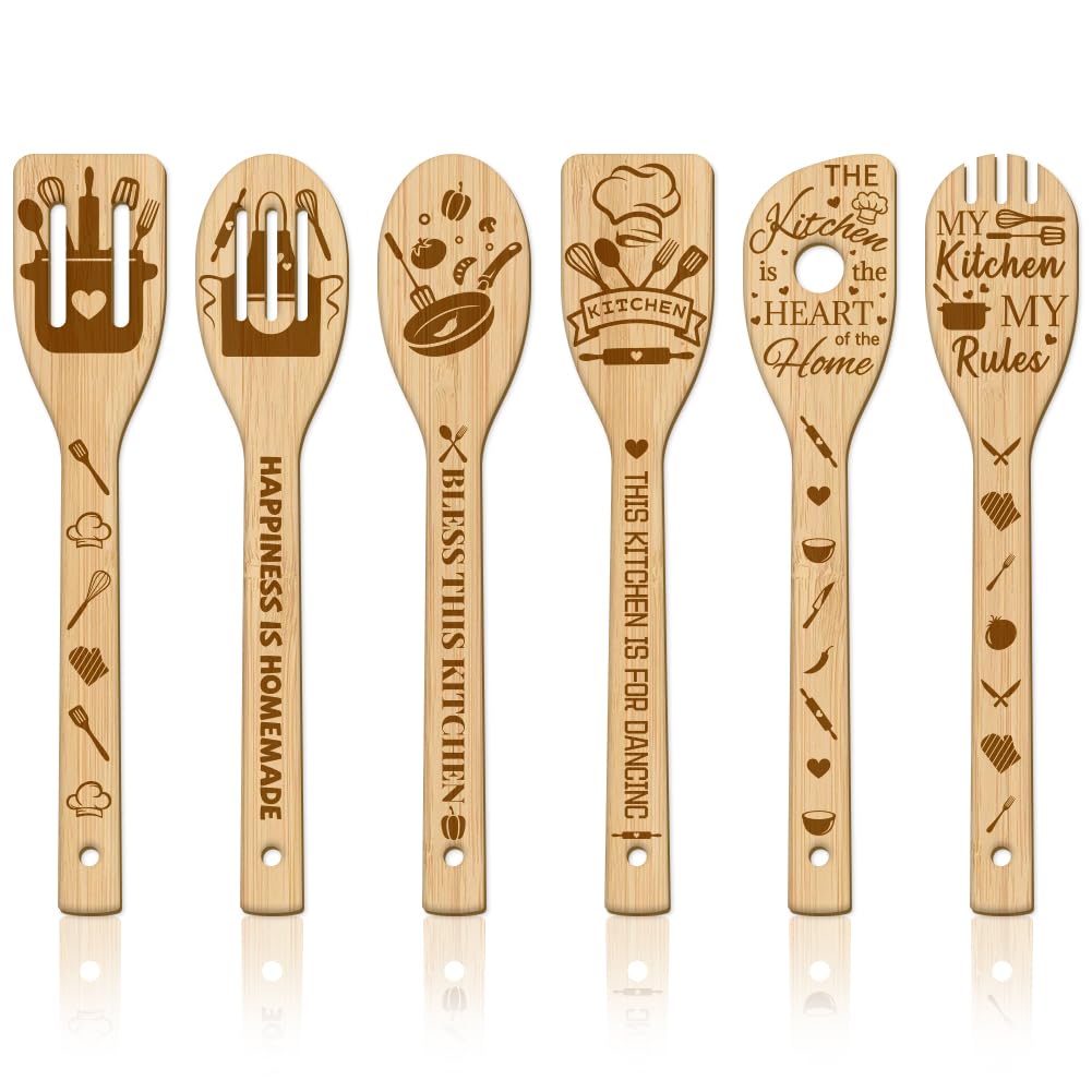 Juego de 6 utensilios de cocina de bambú grabados con motivos de madera