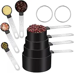 Kit 8 Peças Medidores De Cozinha Colheres Medidor Culinário Copo Dosador Jogo Colher Aço Inox Medida Chá Café (Preto)