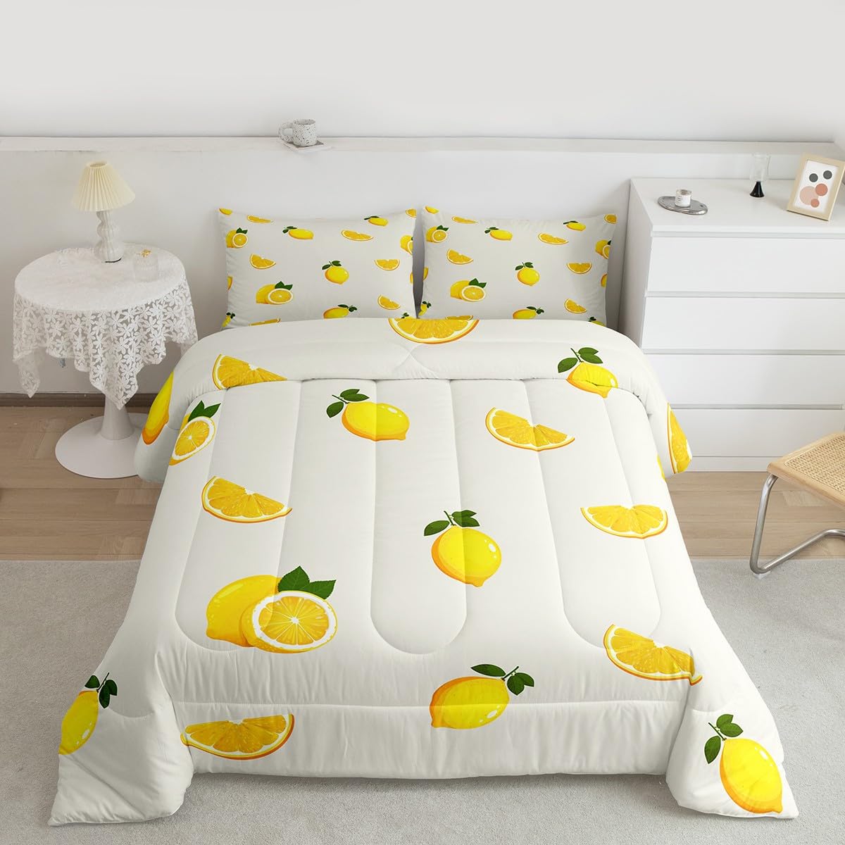 Bettwäsche-Set mit Zitronenmuster, Queen-Size-Größe, gelber Obstdruck, für Kinder, junger Mann, kühles Sommer-Bettwäsche-Set für Teenager, Kinderzimmer, Dekoration, Cartoon-Zitrone, gestepptes