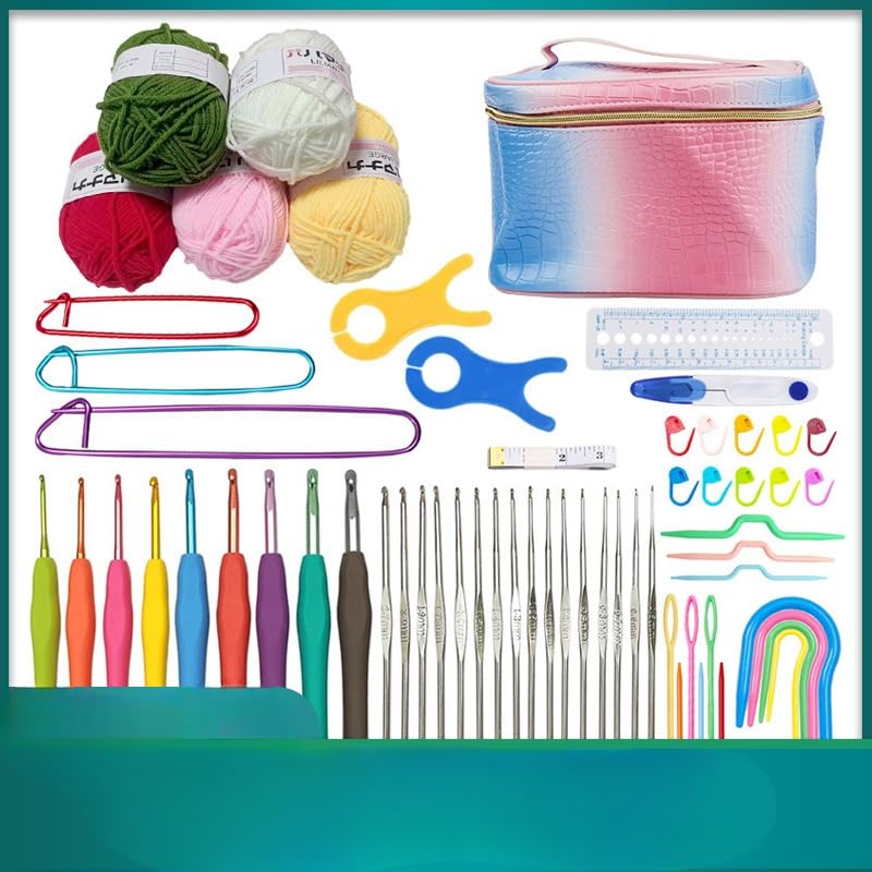 KIZAMI 1Set/62Pc 26 * 16CM Kit di Filato per Uncinetto in Blu/Rosa, Kit Completo per Iniziare all'Uncinetto per Bambini, Adulti con Design ergonomico, Ganci con Impugnatura Morbida
