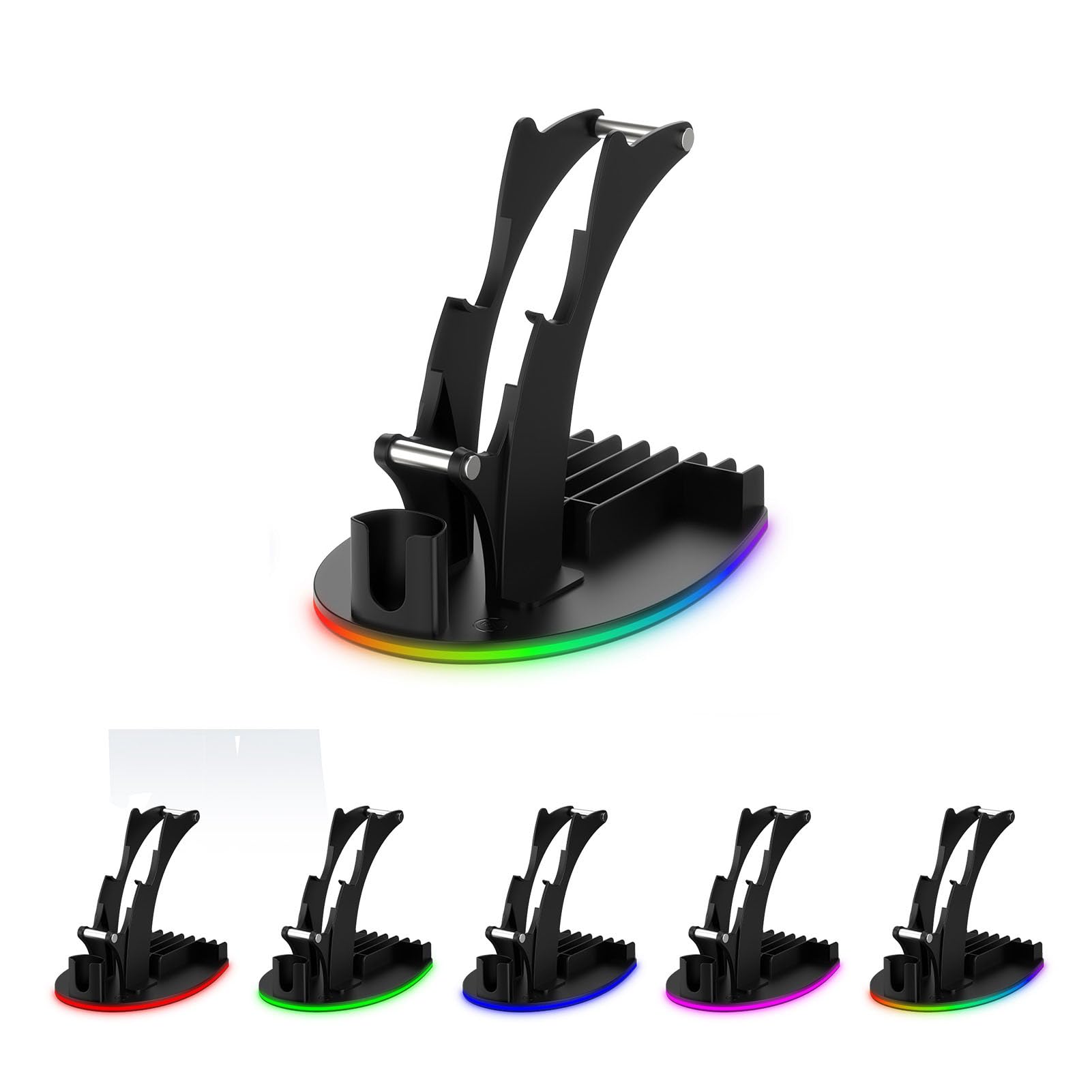 XUMIUZIY Supporto per Controller da Tavolo 4 in 1, Support per Controller & Cuffie con Luci RGB, Supporto per Cuffie/Gamepad/Telecomando/Disco da Tavolo per PS 5/PS 4/X Box X|S (Black)