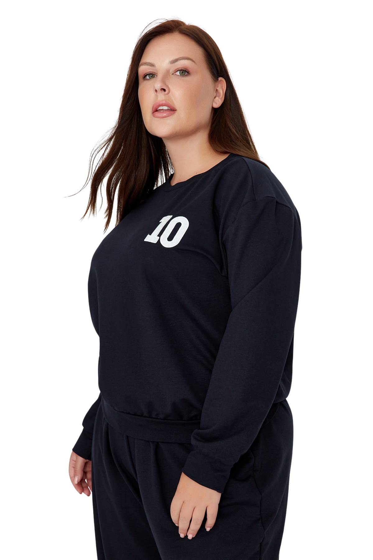 TRENDYOL Damen mit Rundhalsausschnitt, Einfarbig, Normale Passform, Übergröße Sweatshirt, Marineblau, 4XL Große Größen EU
