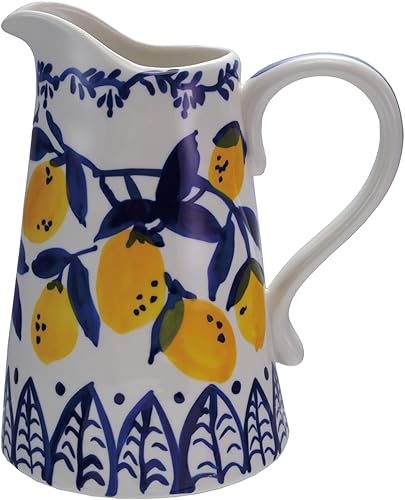 Creative Co-Op Jarra de cerámica de 1.5 cuartos de galón con limones, color blanco