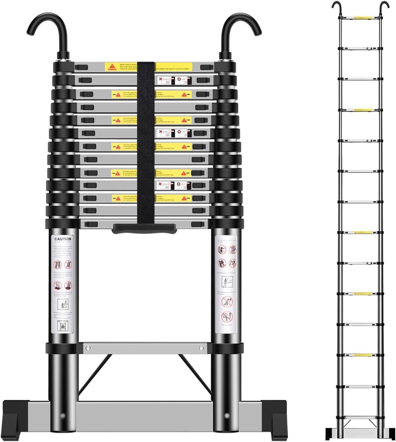 Escalera Telescópica 4,4m, Práctica Escalera con Ganchos y Estabilizadores, Altura Ajustable, para el Cuidado Diario, Jardín, Caravana, etc.