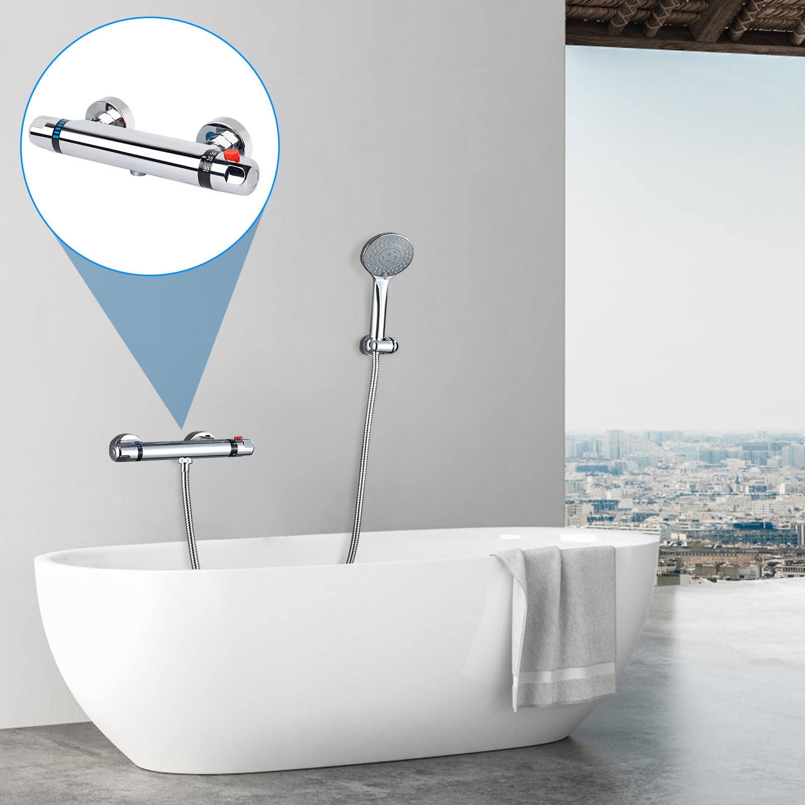Grifo Ducha Termostatico, Válvula Mezclador de Ducha Termostático de 38 °C, Termostato con protección antiquemaduras de Latón Cromado Grifo Bañera Termostático de Pared Control de Temperatura(20-50°C)