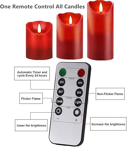 Miniatura 2 de 3 velas rojas parpadeantes sin llama  Pilar de cera real sin goteo  Velas a pilas  Juego de velas electrónicas bailarinas con control remoto y