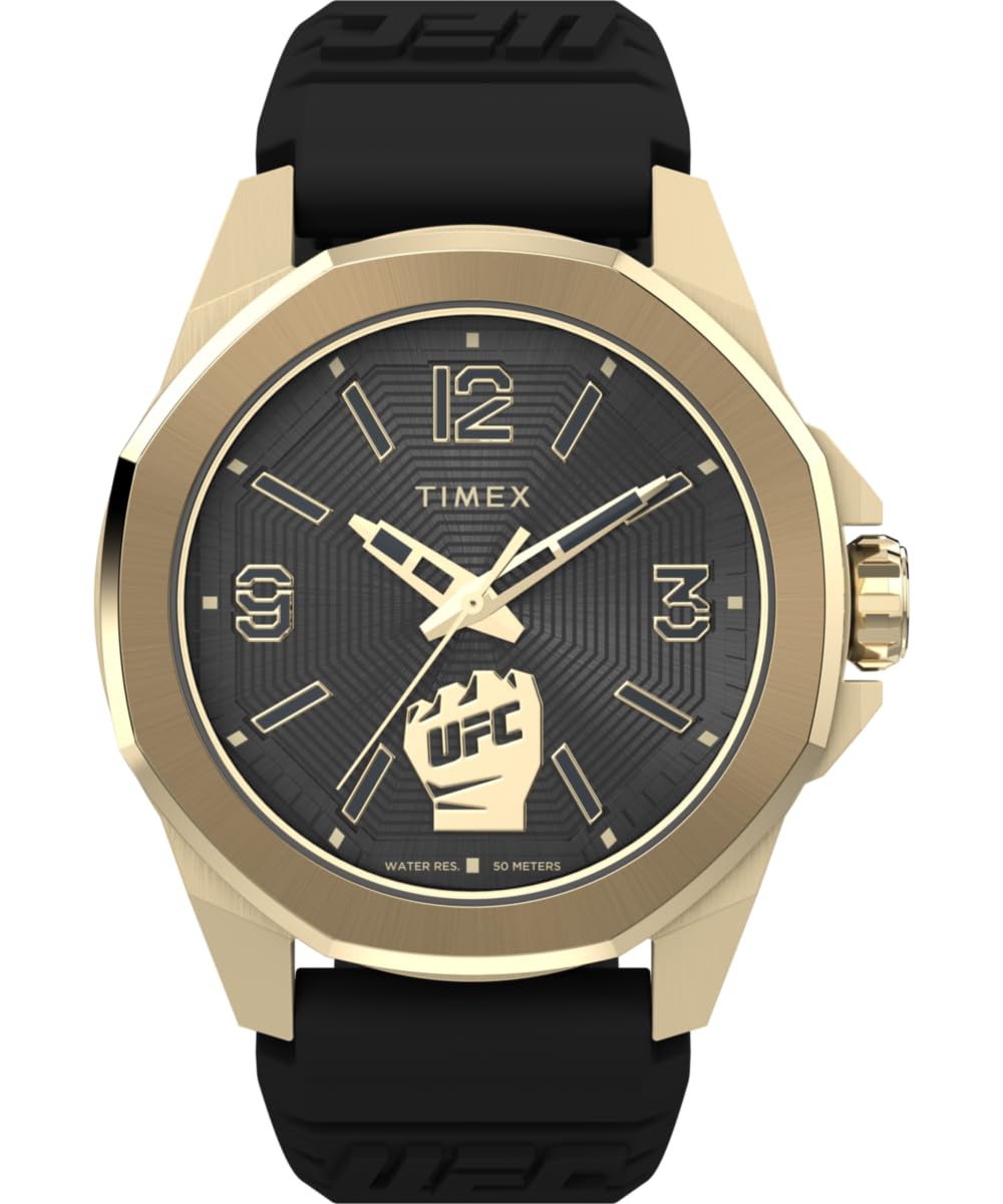Timex Reloj Hombre UFC Prospect Men's Silicone Caja de Acero Dorado Movimiento de Cuarzo Esfera Negro Correa Silicona Negro con Cierre Hebilla Normal 5 ATM