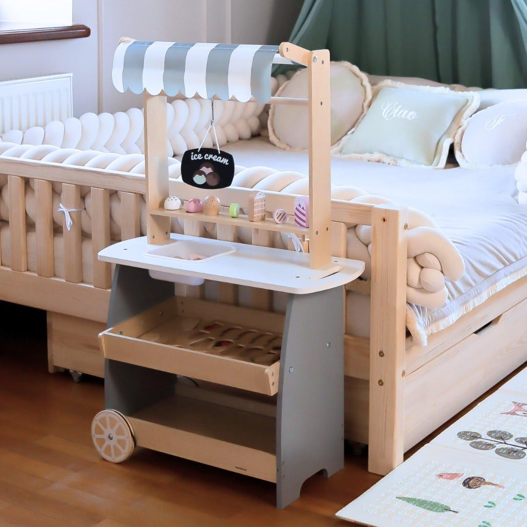 Mamabrum Holz Eisdiele für Kinder 3+, Rollwagen mit EIS, Spielen, Dezentes Design, Reichhaltige Accessoires, Entwickelt Kreativität und Soziale Fähigkeiten