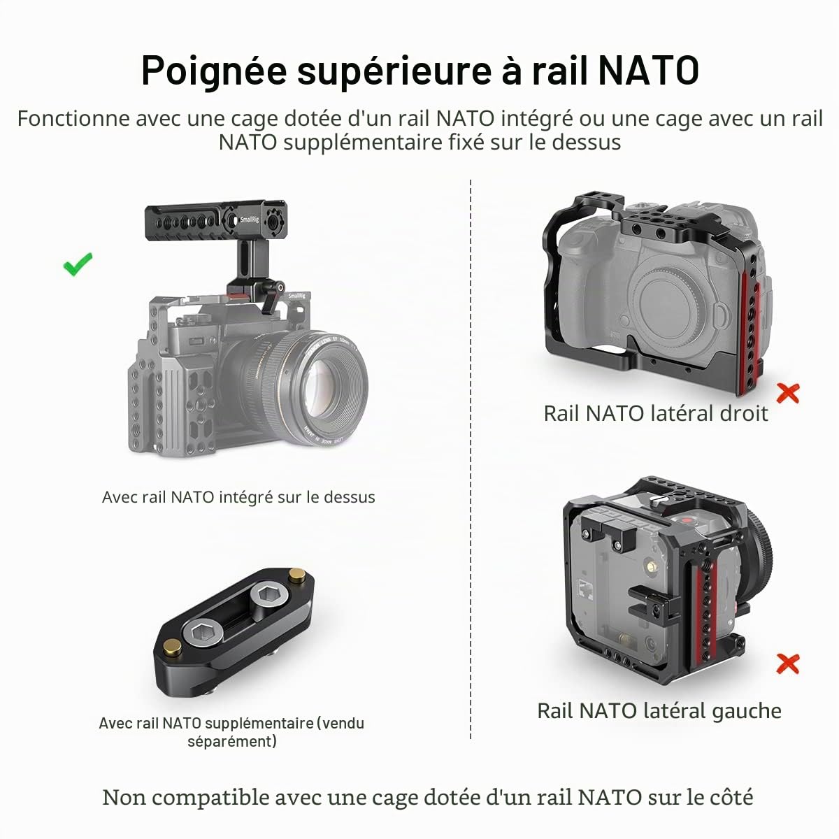 SMALLRIG NATO Poignée Rail Cold Shoe Réglable Avant/Arrière - 1955