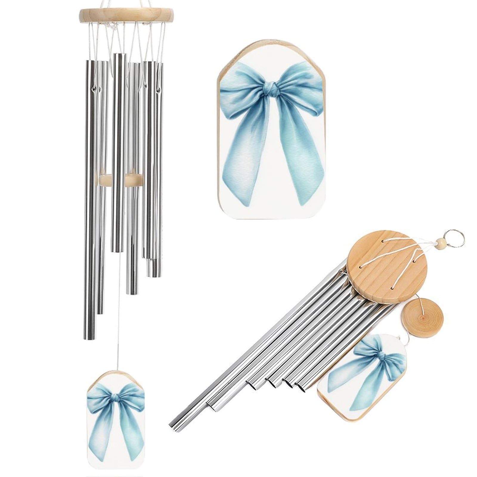 Watercolor A Light Blue Ribbon Bow Wind Chimes Memorial Deep Tone Windchime with 6 Aluminum Tubes Outdoor Backyard Garden Decoration