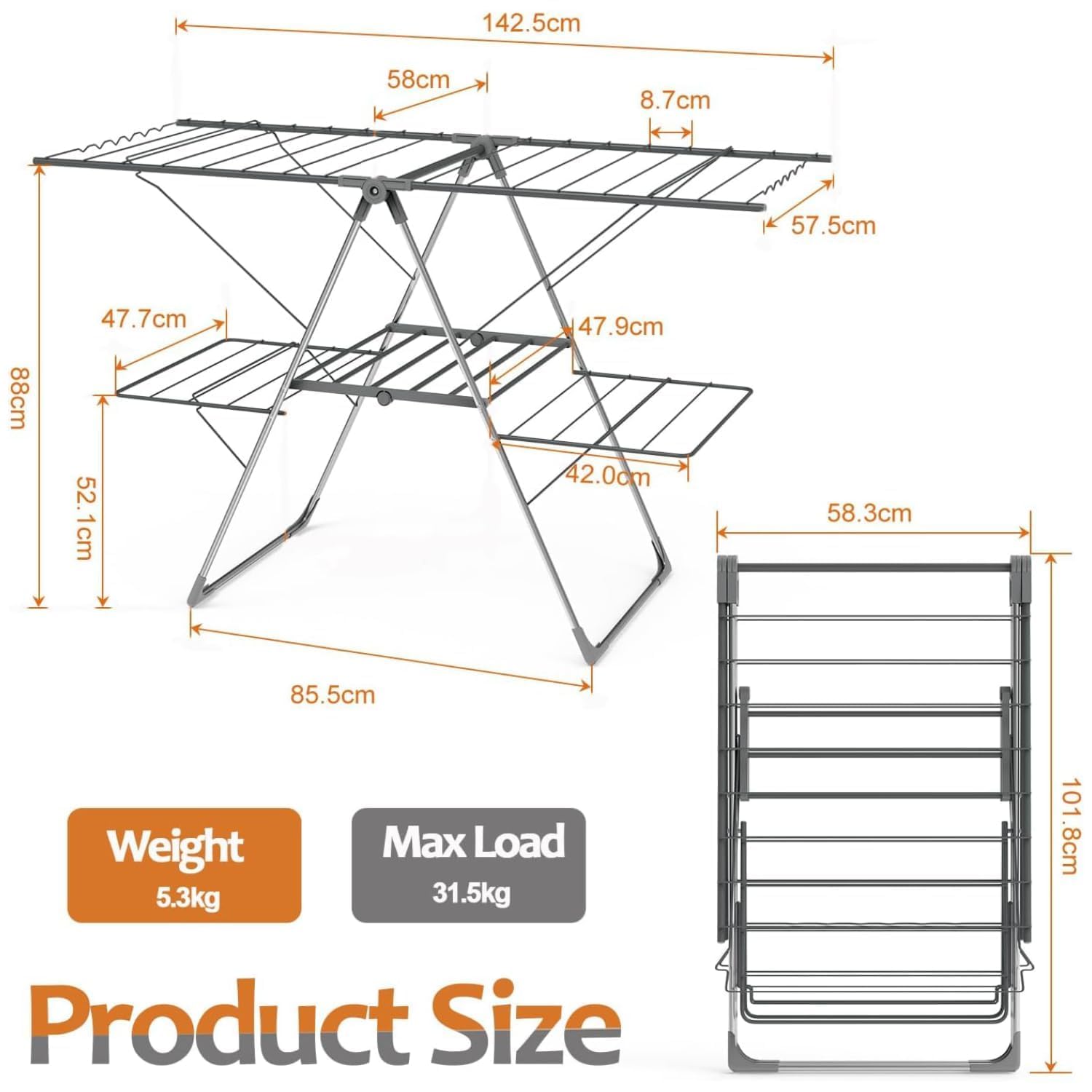 Innotic Étendoir Linge Intérieur Extérieur, Séchoir à Linge Pliable à 2 Niveaux, 4 Ailes Réglables en Hauteur, 3 Secondes Déplier ou Plier, Acier Inoxydable Tancarville XXL, 33 Rails, Gris