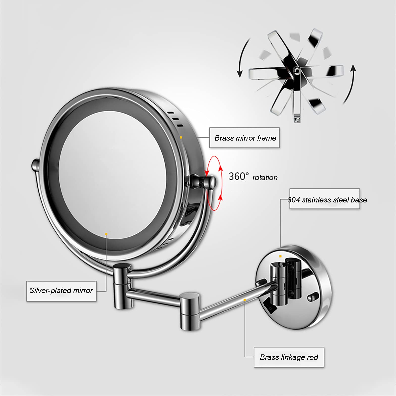 Espejo de maquillaje con Luz LED, montaje en pared, giratorio de 360°, Aumento de Doble Cara de 8 pulgadas, Espejo de baño extensible de Forma Redonda, Espejo de belleza plegable para hotele