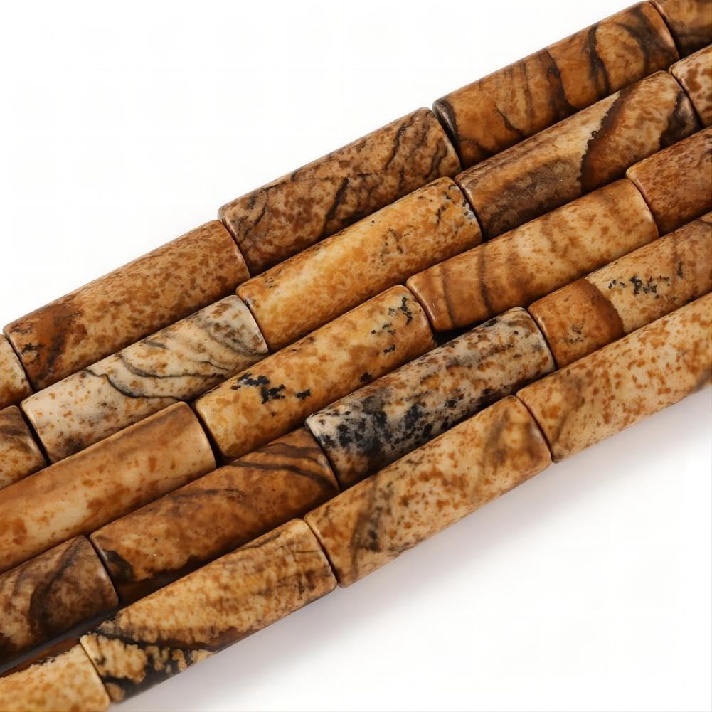 HAAMIIQII Natural Yellow Picture Jasper Tube Beads 13x4mm Column Stone Cylinder Gemstone Loose Beads for Jewelry Making Strand 15 Inch (28-29pcs)