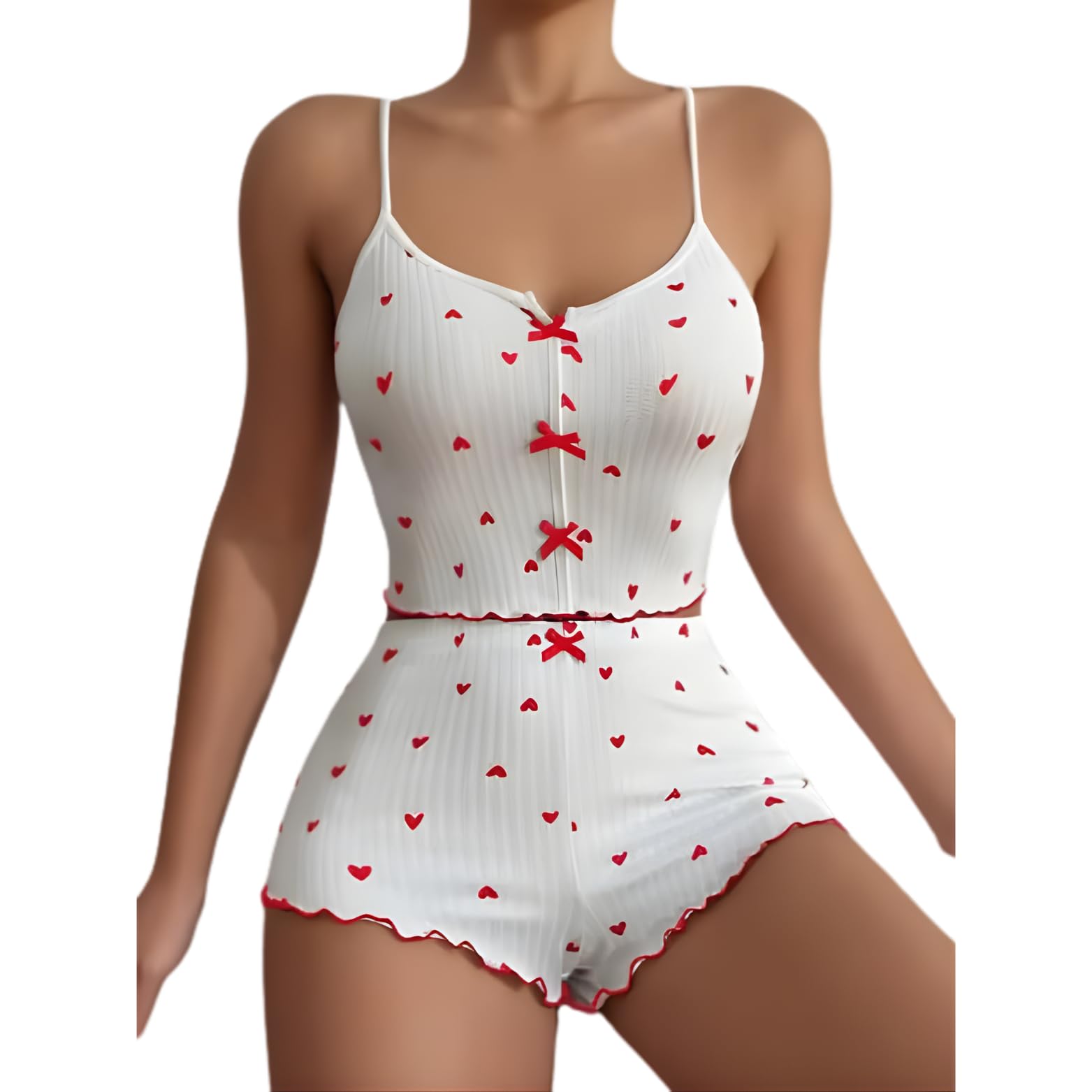 Women Cute Cartoon Printed Nightwear Set | Sleeveless Spaghetti Strap Ribbed Crop Top & Shorts Co-Ord Set | Soft Stretchy Sleepwear Lounge Set for Girls-picture-19