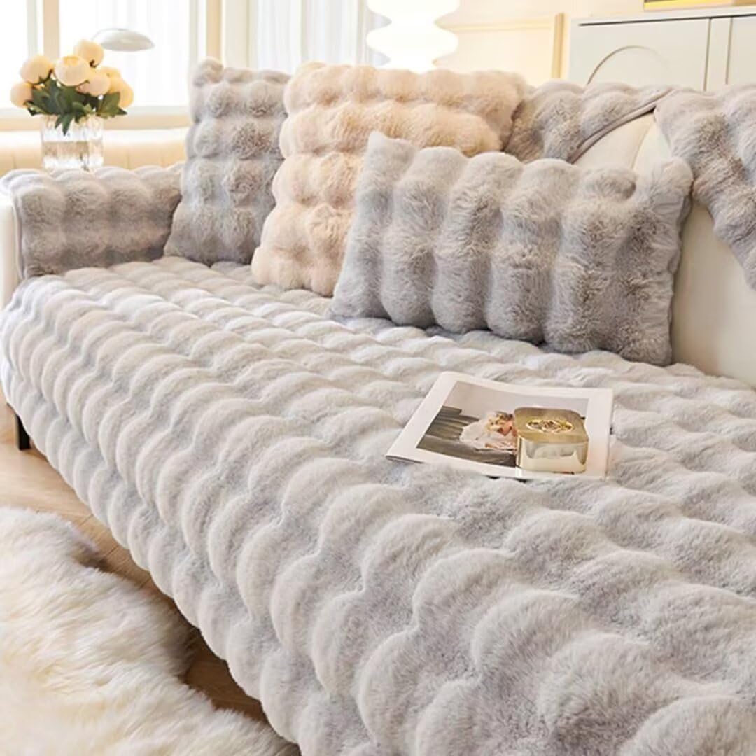 Hovoto Thick Rabbit Plush Sofa Cover 1 2 3 Seater, Universal Non Slip Corner Sofa Cover L Shape Super Soft Faux Fur Sofa Slipcovers for Living Room, light gray, 70 * 120cm
