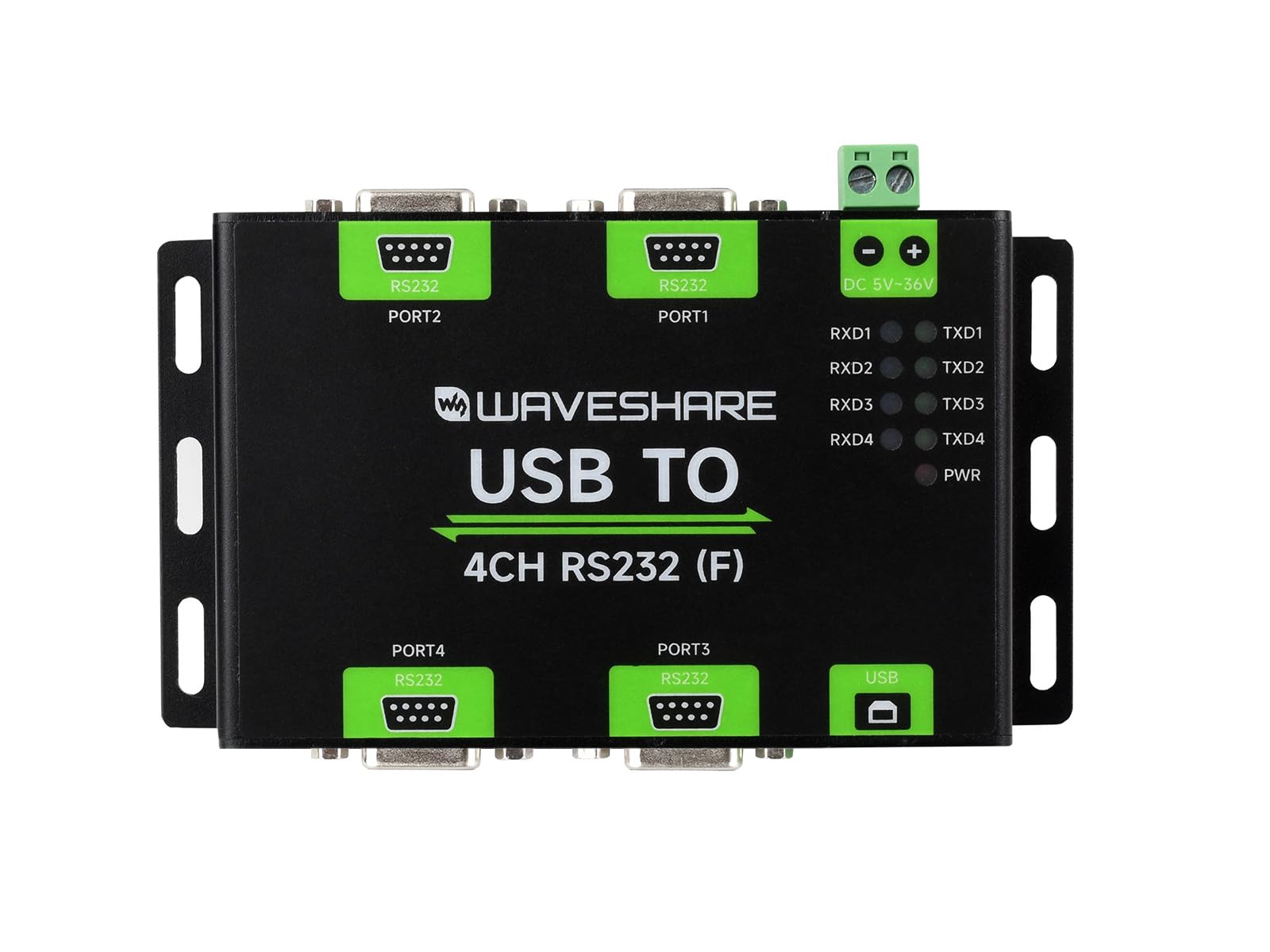 Waveshare Industrial Isolated USB to 4CH RS232 Converter DB9 Female FT4232HL High-Speed Stable Communication
