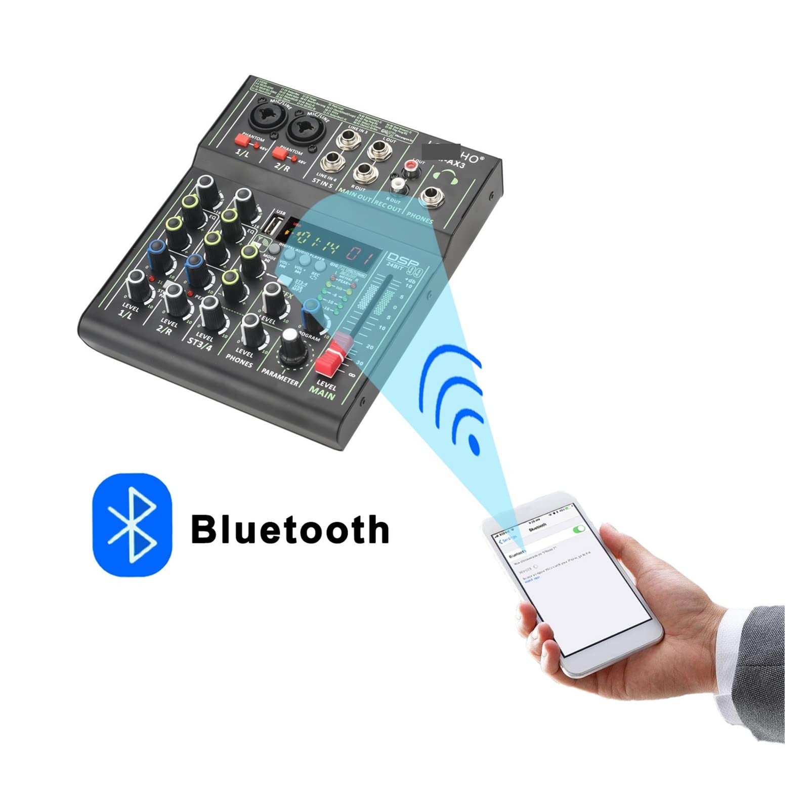 Attrezzatura per DJ per Feste Mini Mixer Audio a 4 canali individuali +48 V Phantom Power 99 Dsp Effetti Bluetooth USB Console di miscelazione dei Record di Riproduzione di Computer AM-AX3