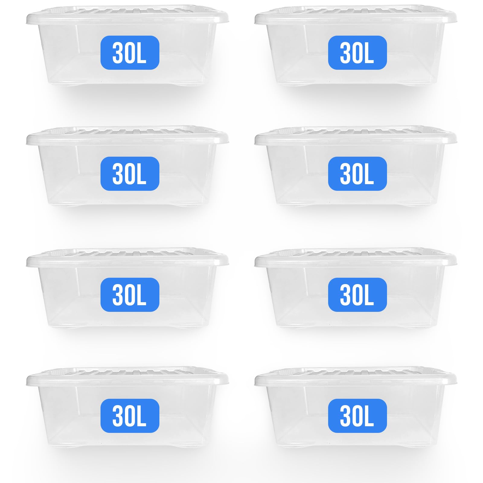 KAPCO Underbed Storage Boxes with Lids – Slim 30L Under Bed Storage (8 Pack) | Low-Profile Clear Plastic Containers for Clothes, Shoes, and Seasonal Items | Stackable Containers, BPA-Free | 30 Litre