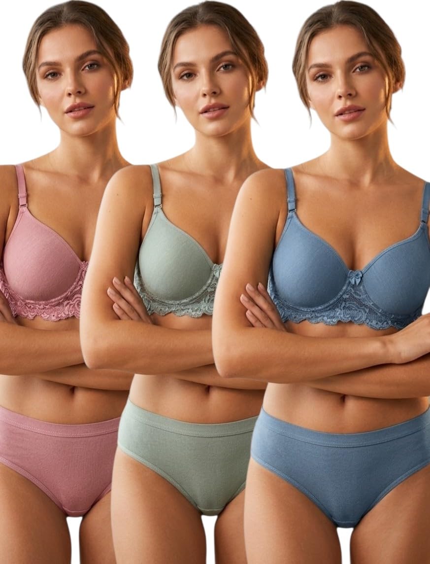 luzwe Women's Polycotton Padded Non-Wired Solid Bra and Panty Lingerie Set, Combo Pack of 3-picture-39