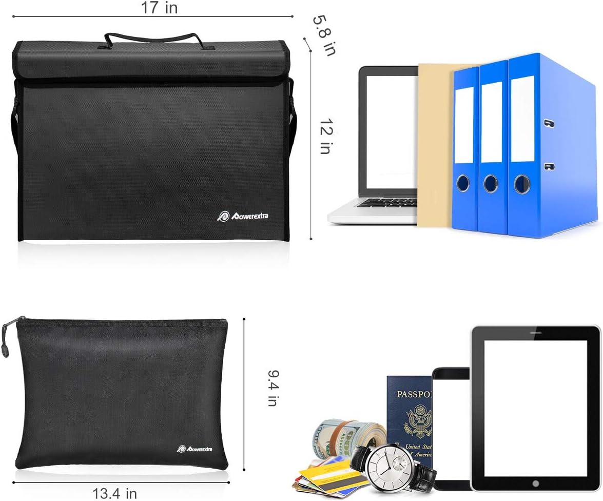 Powerextra Fireproof Document Bags (17 x 12 x 5.8 inch) and Small Fireproof Bag (13.4 x 9.4 inch) Waterproof Fire Safe Bag with Lock for A4 Document Holder, File, Cash, Tablet and Valuables