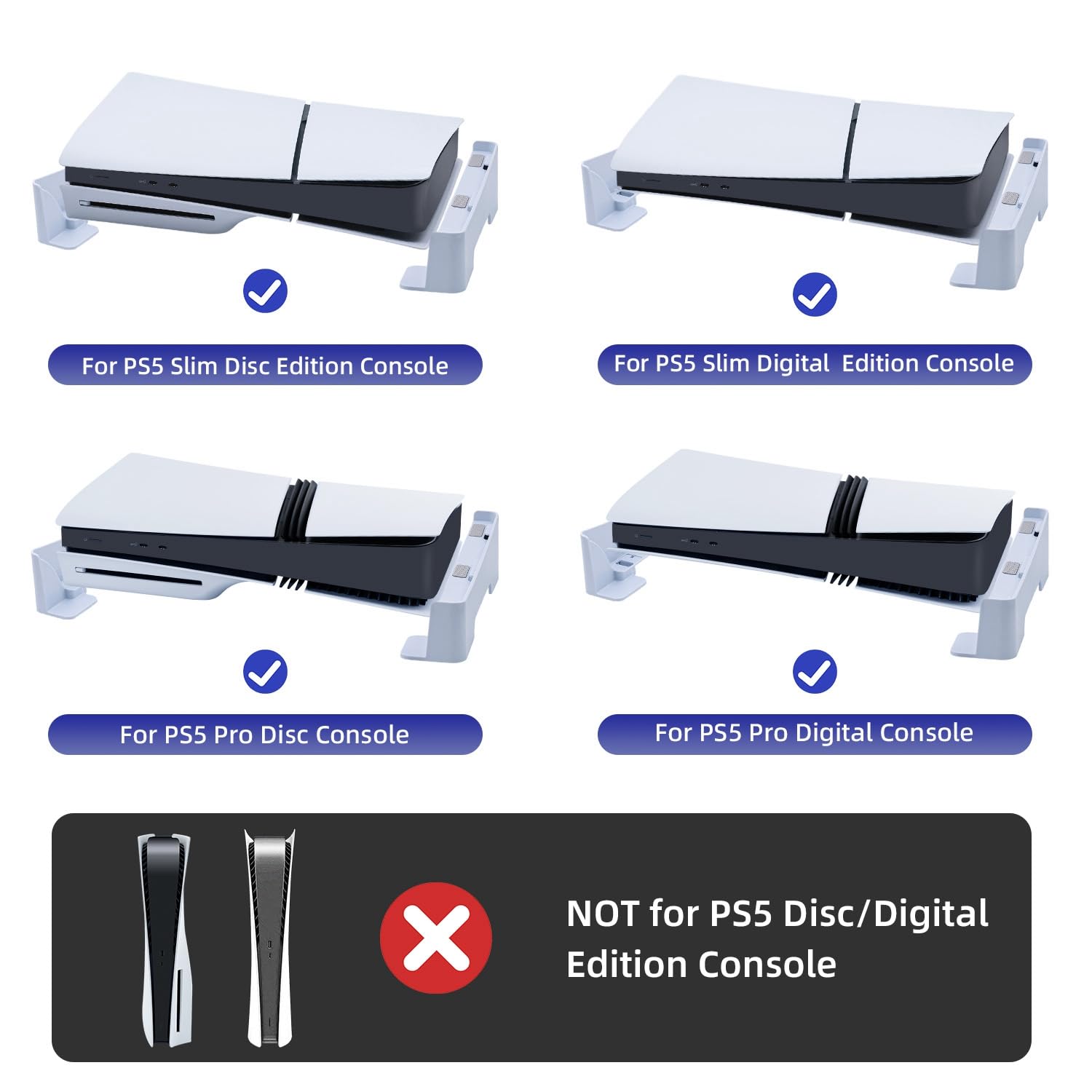 Soporte Horizontal para PS5 Slim / PS5 Pro DE/UHD Consola, Base de Soporte de Accesorios para PS5 Slim Disc y Edición Digital con Almohadilla Antideslizante - Blanco