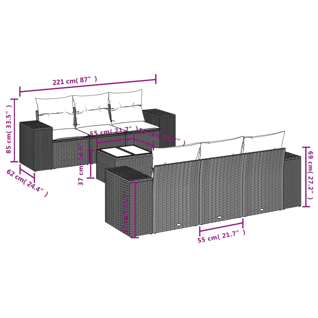 Juego de sofás modulares de jardín con mesa de cristal, color negro, incluye cojines