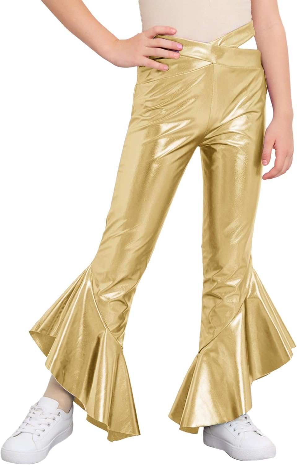 Aislor Kids Girls Shiny Metallic Ruffle Flare Leggings Pants Disco Dance Bell Bottoms Yoga Trousers Party Clubwear