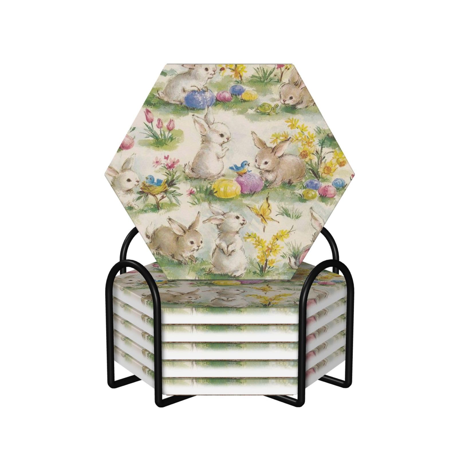 Dessous de verre céramique lapin motif fleur, idée cadeau maison originale x6