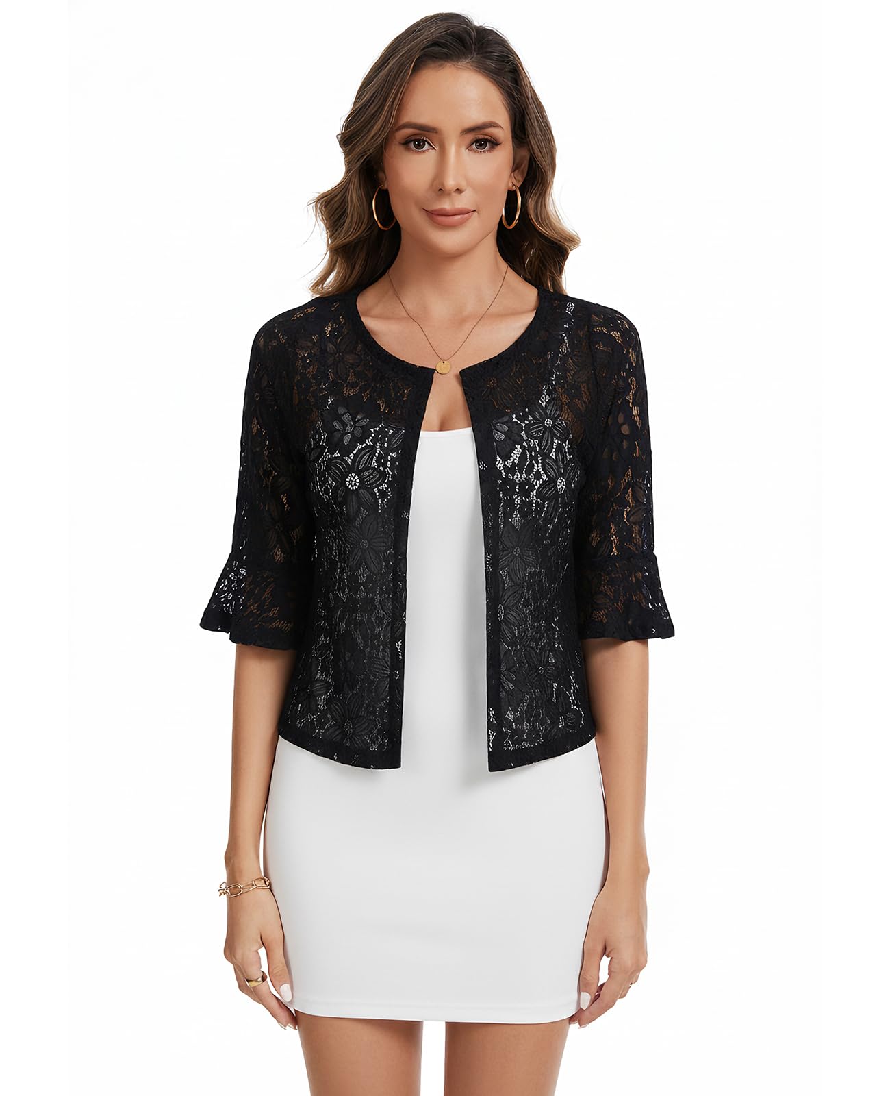 Floral Lace Shrug for Womens 3 4 Sleeve Open Front Cropped Bolero Cardigan for Dresses