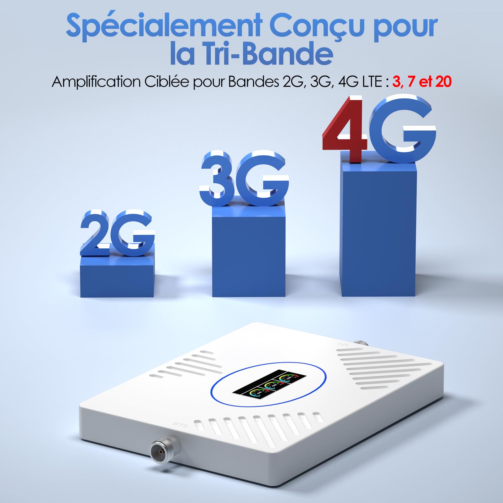 Amplificateur de Signal Mobile 800/1800/2600 MHz (bandes 20/3/7) Amplificateur de Couverture Mobile LTE 4G 3G Répéteur 4G Compatible avec Orange, SFR, Bouygues, Free pour une utilisation à domicile/au