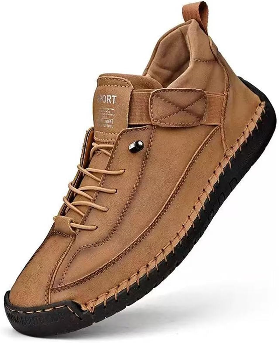 2026 Upgrade Women's Handmade Leather Breathable Slip-On Boots for Walking, Comfortable Adjustable Lightweight Non-Slip Soft High Top Casual Loafers for Shopping Travel