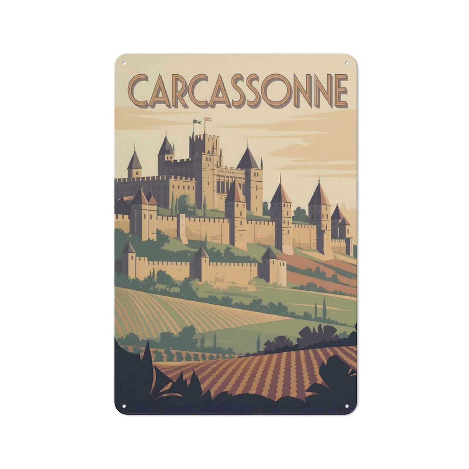 Junmoney Style-22 Metal Wall Sign 30X20cm Featuring Carcassonne Castle Travel For Workshop Wall, For Room Styling Across Workshops And Hobby Rooms