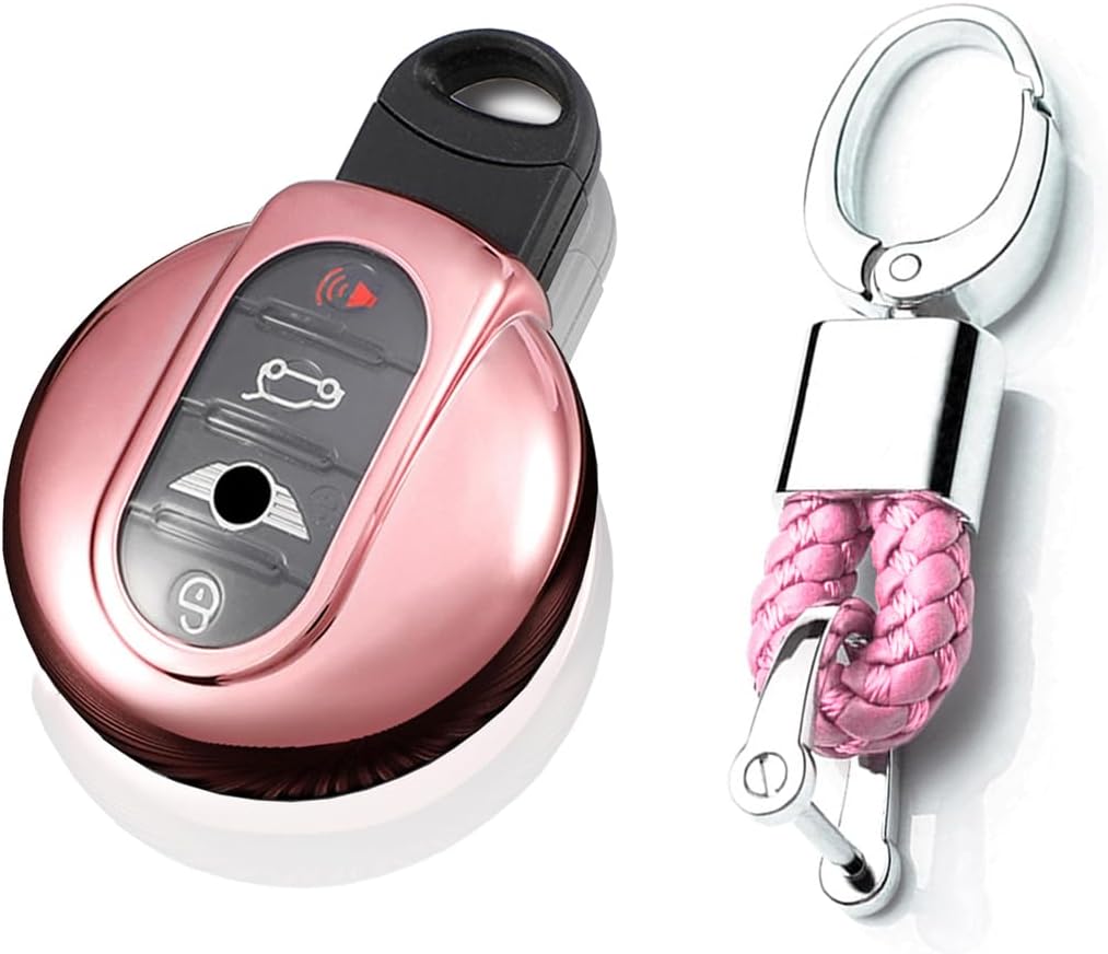 SANRILY Smart Key Fob Case Cover for Mini Cooper Clubman Convertible Countryman Hardtop 2016-2020 Keyless Remote Key Holder Soft TPU Key Protector with Keychain Pink