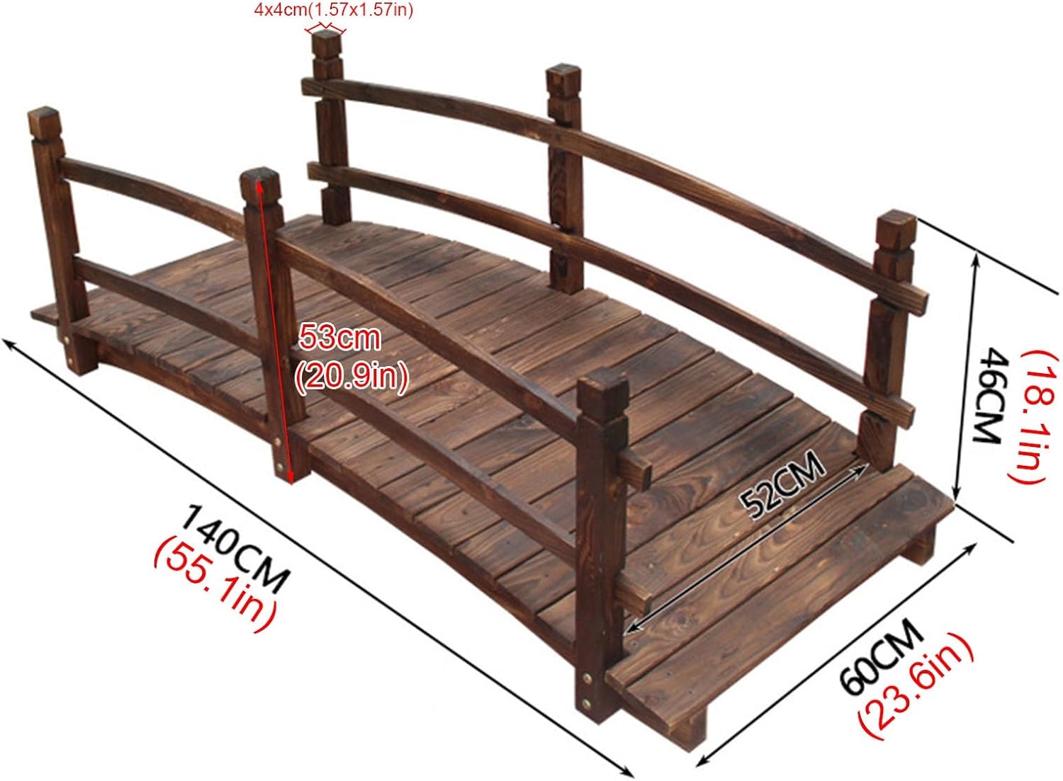 Wooden Garden Bridge Outdoor Carbonized Wood Arc Walkway with Side Railings Backyard Bridge Arch Footbridge Decorative Pond Landscaping Bridge for Lawn Patio Courtyard