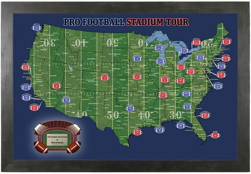Push Pin Travel Maps Customizable Wall Art - Football Stadiums - Black Frame - Personalized Framed Pin Map, Includes 150 Pins - Handcrafted in USA - 27.5" x 39.5"