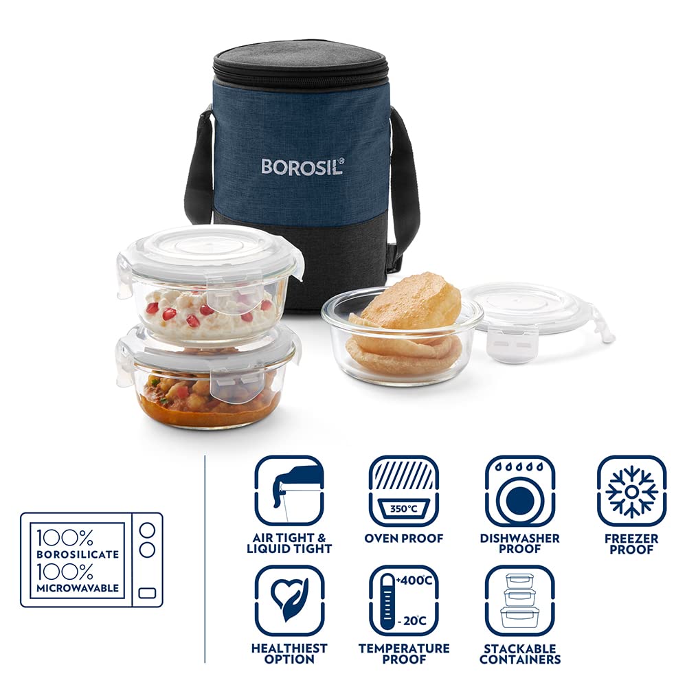 Borosil Elite Lunchbox with Bag | Set of 3 (400 ml Each) | Borosilicate Glass, Round, Vertical | Microwave & Dishwasher Safe, Leak Proof | Tiffin for Office, School, College | Blue - Image 8 thumbnail