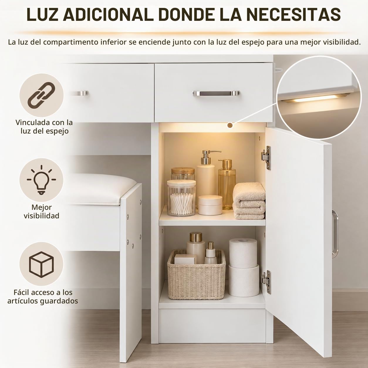Tocador de Maquillaje con Espejo y LED, Taburete con Almacenamiento, Tocador con 2 Cajones 1 Armario, 2 Enchufes y 2 USB, 3 Estantes y 3 Compartimentos Abiertos, 107 x 38,5 x 134 cm, Blanco