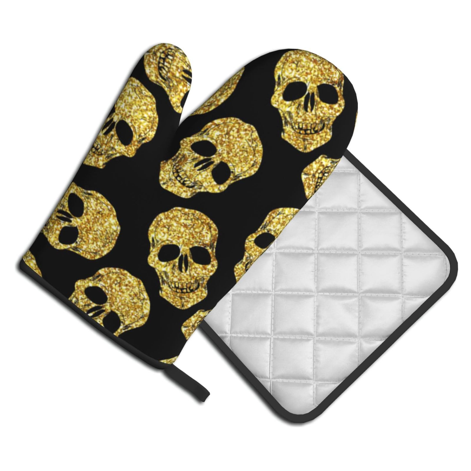Oven Mitts and Pot Holders Set of 2 Pcs, sparkling Skull pattern Printed Heat Resistant Kitchen Gloves Potholders for Cooking Baking Grilling