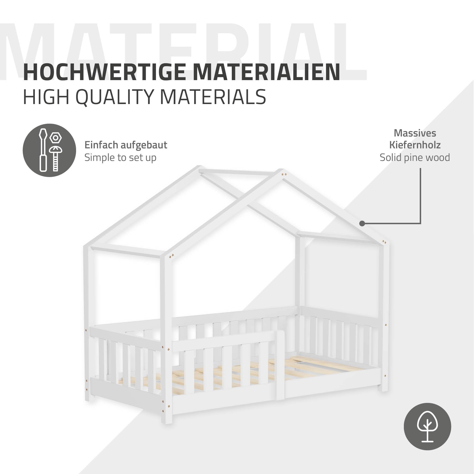 ML-Design Kinderbett Hausbett 70x140 cm Weiß, Holzbett mit Rausfallschutz, Lattenrost und Dach, Spielbett aus massivem Kiefernholz für Kinder, Montessori Bodenbett Bettgestell Bettenhaus Juniorbett