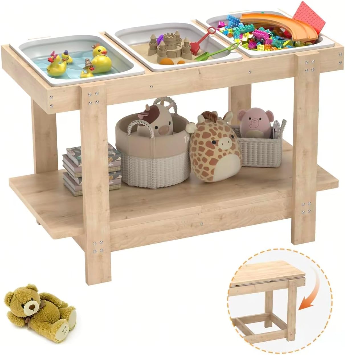 Sensory Table, Activity Desk with 3 Foldable Storage Bins, Sand and Water Desks for Indoor Use, Wooden Sand Desk for Drawing,Studying03
